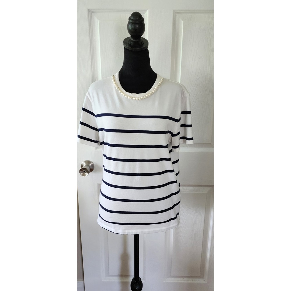 Women's Knit Top by Charter Club White & Blue Stripe with Necklace Attached  MD